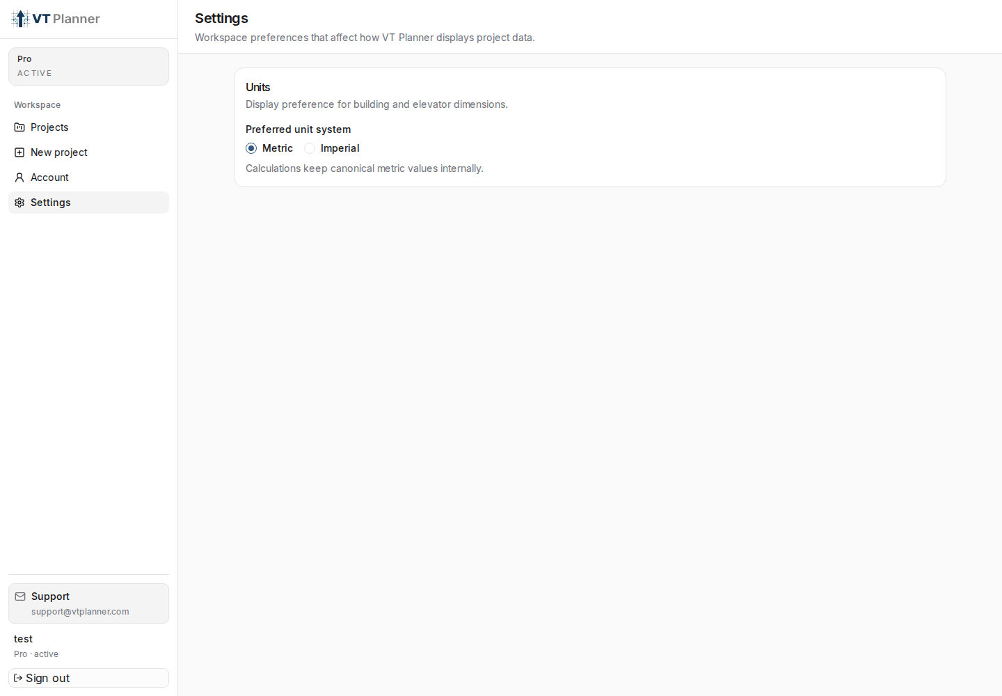 Settings page with unit preference